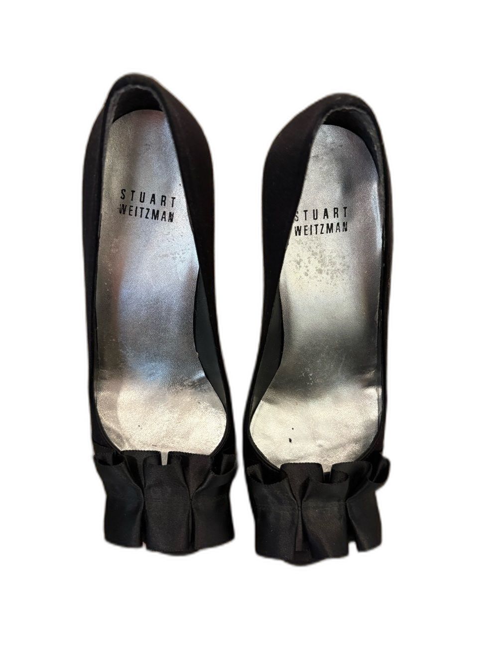 Vintage Stuart Weitzman Black Satin Peep Toe Pumps Ruffle Bow Heels Size 6